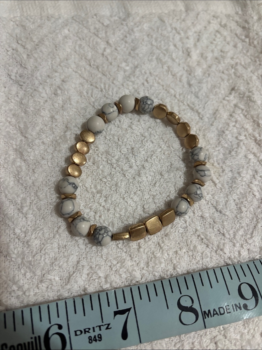 Gold and White Marble Beaded Stretch Bracelet